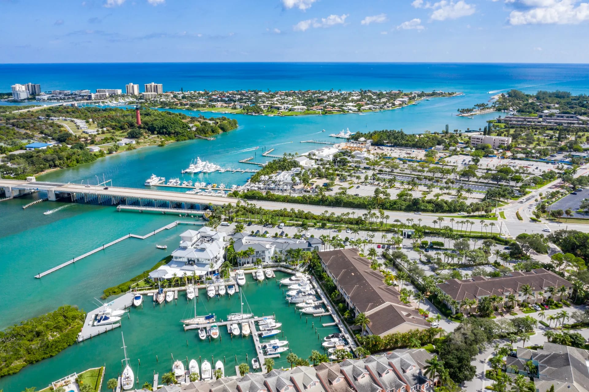Aerial view of the Jupiter Inlet, Loxahatchee River, and waterfront marinas in Jupiter, Florida