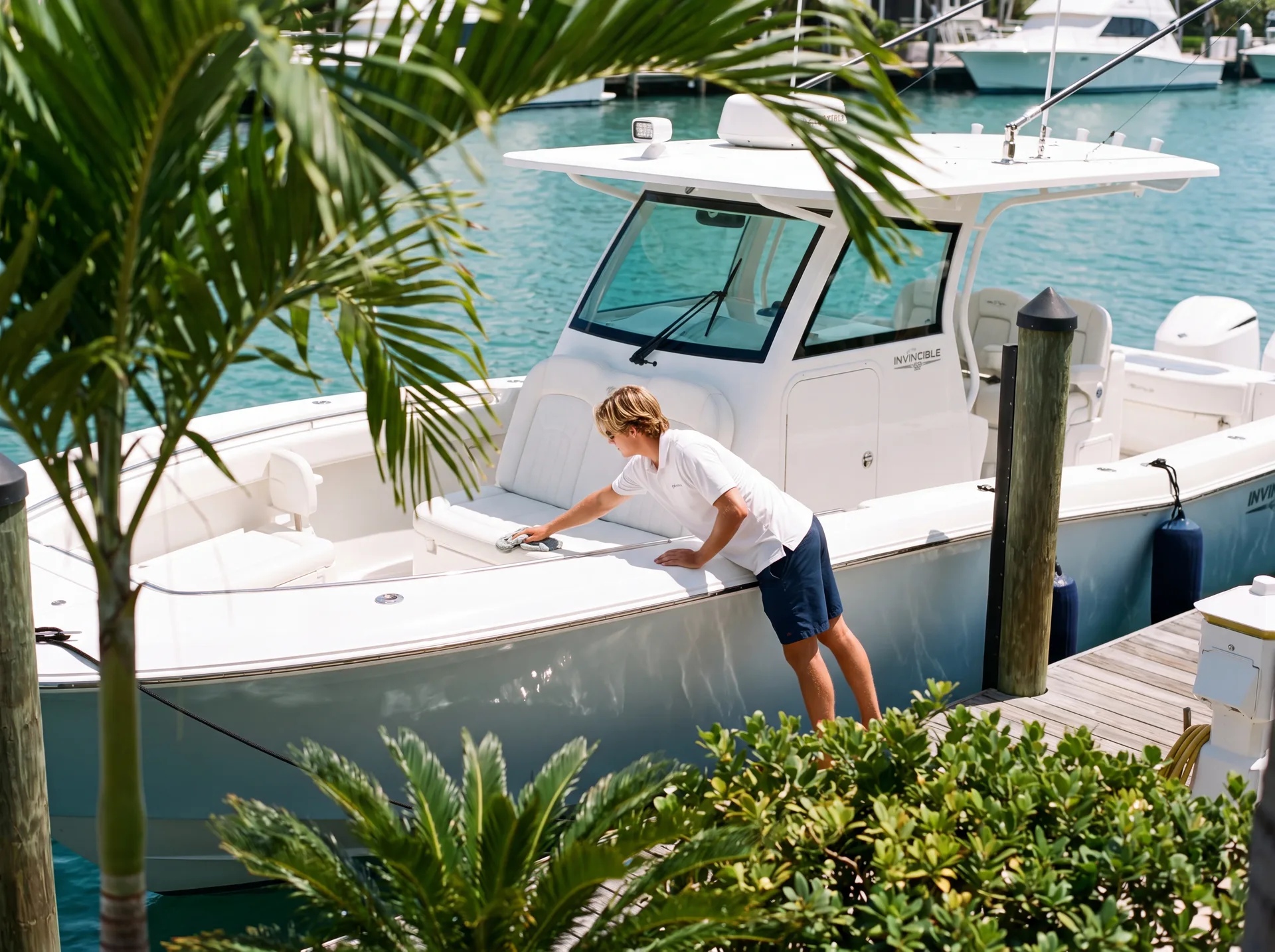 A yacht interior staged guest-ready with dressed cushions and polished surfaces at a private dock