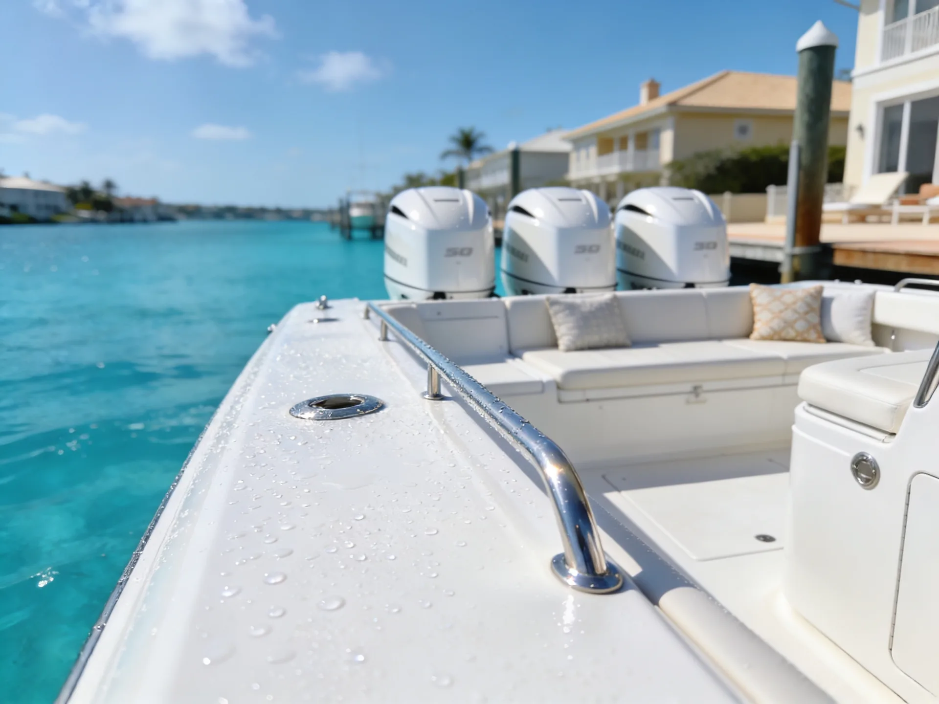 A freshly detailed center-console boat at a private dock, with water beading on the gunwale after an onboarding detail