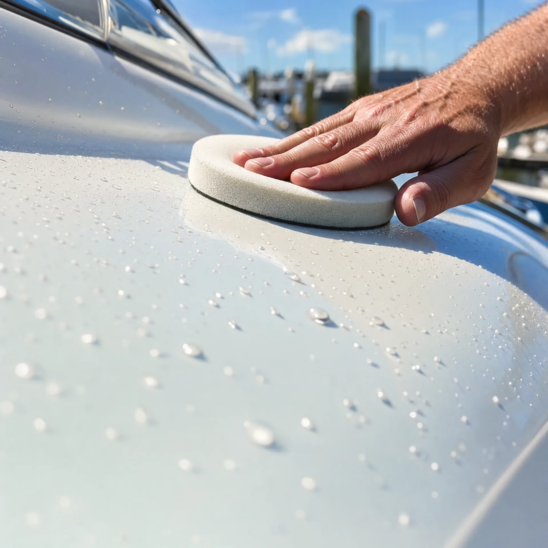 A crew member applying ceramic coating to a boat hull with a foam applicator pad at the dock