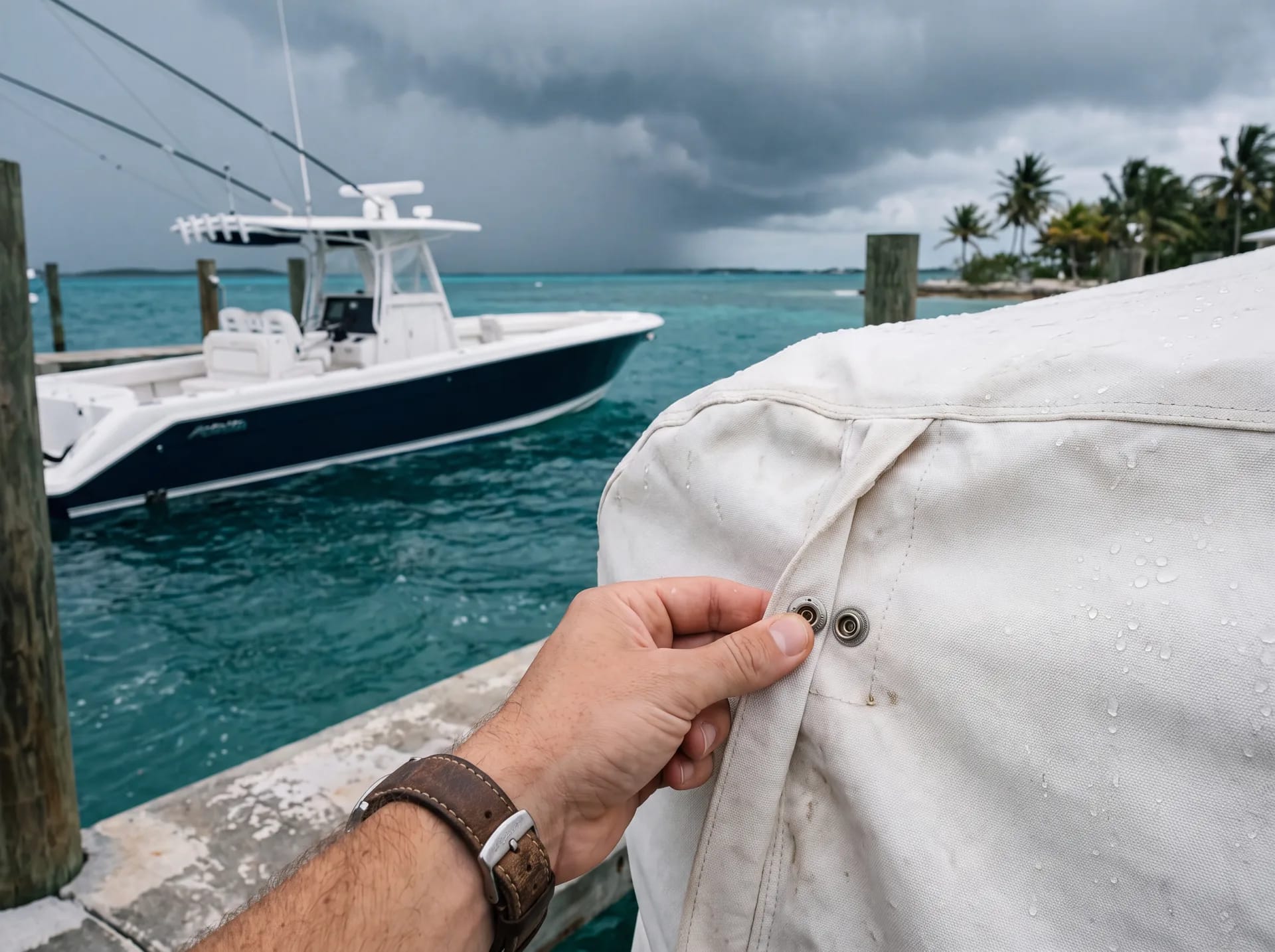 A crew member checking a canvas boat cover snap during a Vessel Watch visit at the dock