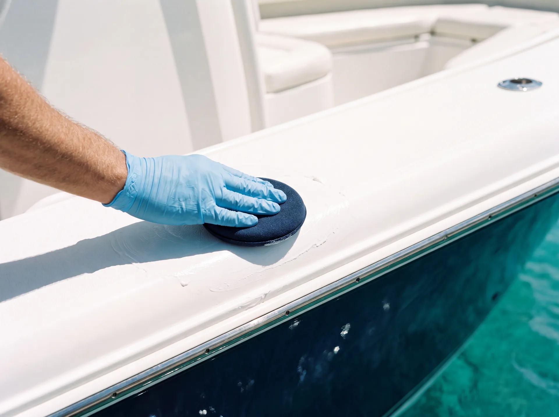 Fresh wax and UV protection applied to a boat hull in golden-hour light